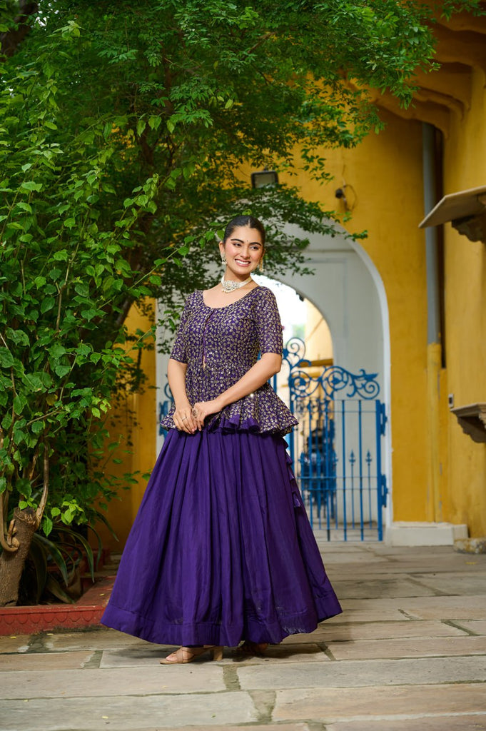 Purple Fendy Fabric Full-Stitched Lehenga Set with Sequins Embroidered Peplum Blouse ClothsVilla