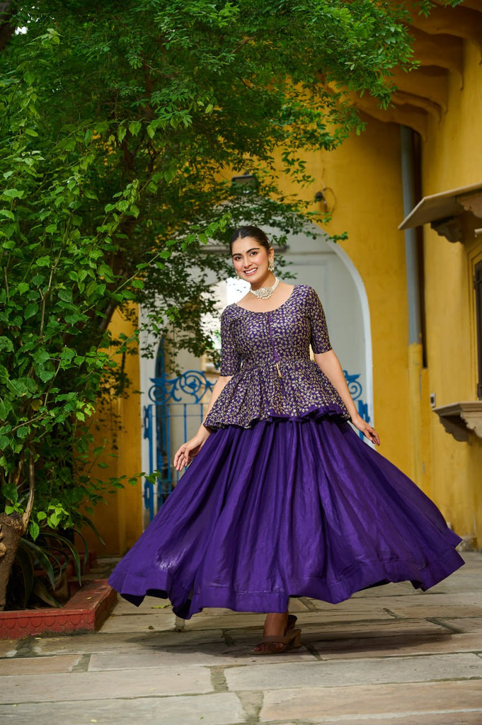 Purple Fendy Fabric Full-Stitched Lehenga Set with Sequins Embroidered Peplum Blouse ClothsVilla