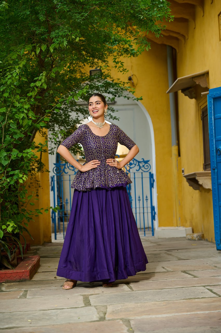 Purple Fendy Fabric Full-Stitched Lehenga Set with Sequins Embroidered Peplum Blouse ClothsVilla
