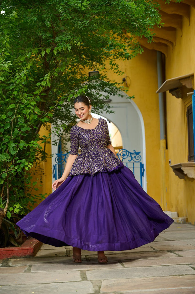 Purple Fendy Fabric Full-Stitched Lehenga Set with Sequins Embroidered Peplum Blouse ClothsVilla