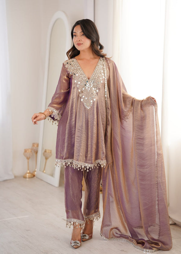 Purple Fendy Mirror Work Kurti Pant Set ClothsVilla