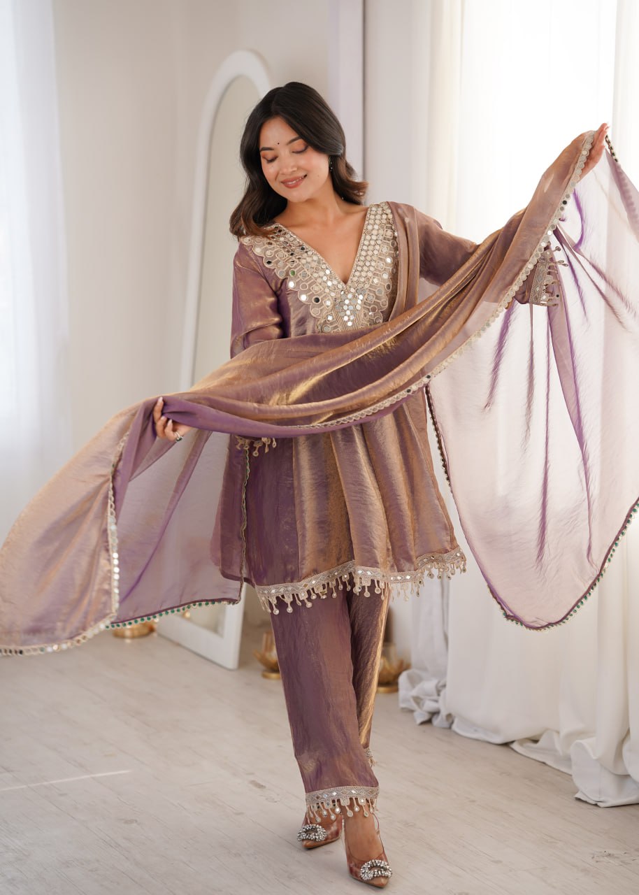 Purple Fendy Mirror Work Kurti Pant Set ClothsVilla