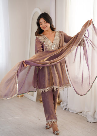 Purple Fendy Mirror Work Kurti Pant Set ClothsVilla