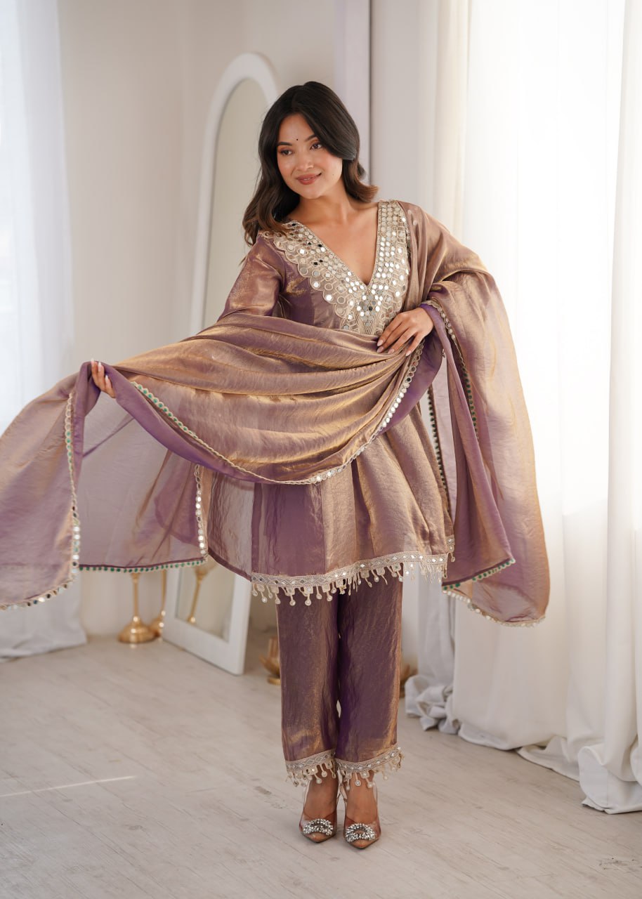 Purple Fendy Mirror Work Kurti Pant Set ClothsVilla