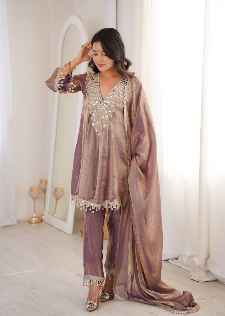 Purple Fendy Mirror Work Kurti Pant Set ClothsVilla