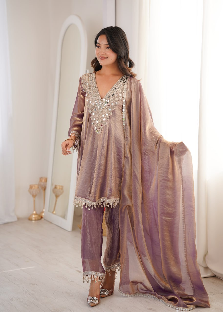 Purple Fendy Mirror Work Kurti Pant Set ClothsVilla