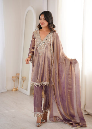 Purple Fendy Mirror Work Kurti Pant Set ClothsVilla