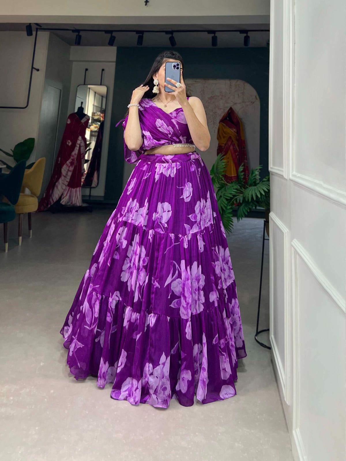 Purple Floral Chiffon Lehenga Co-ord Set ClothsVilla Main image