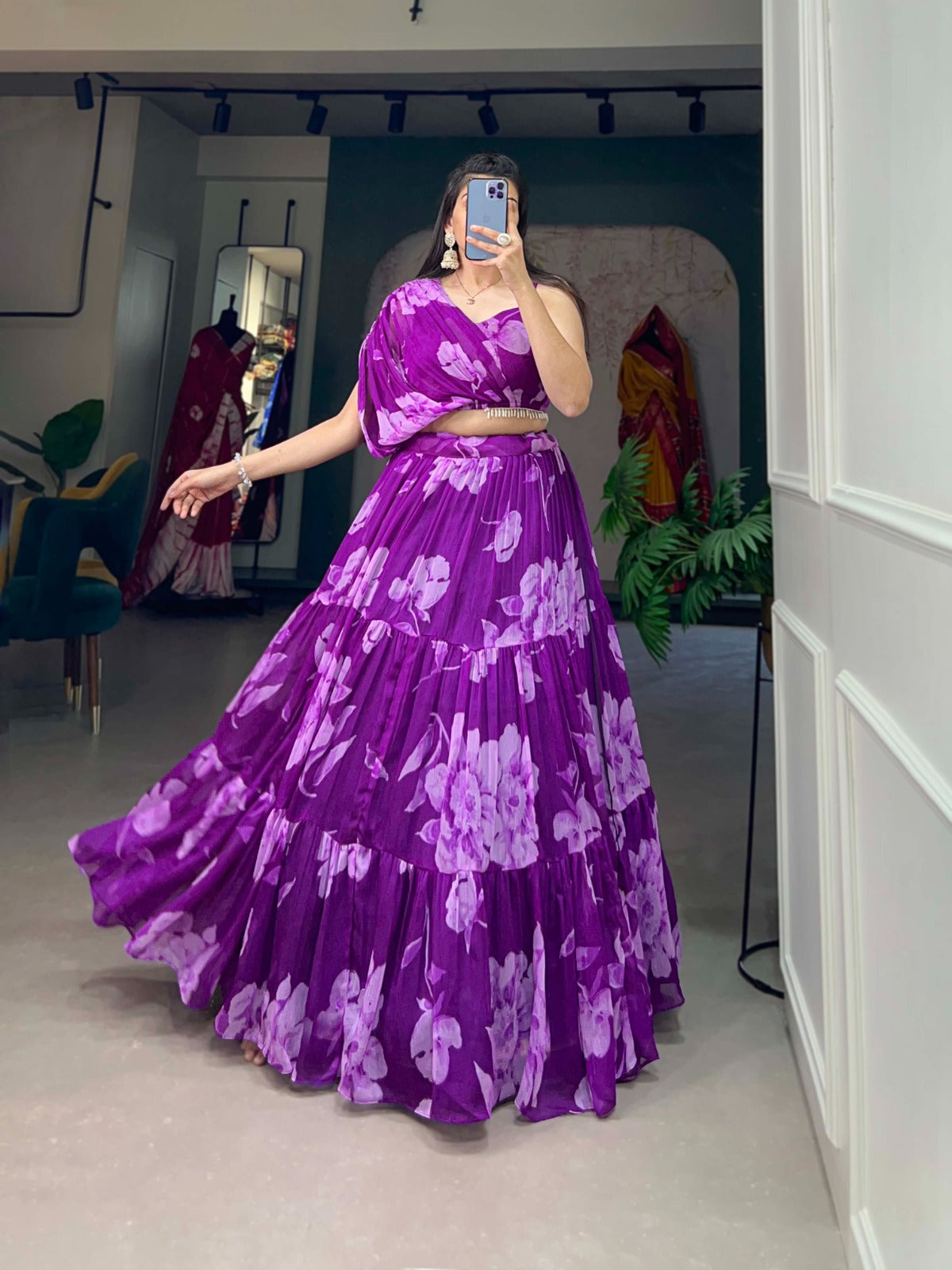 Purple Floral Chiffon Lehenga Co-ord Set Secondary image