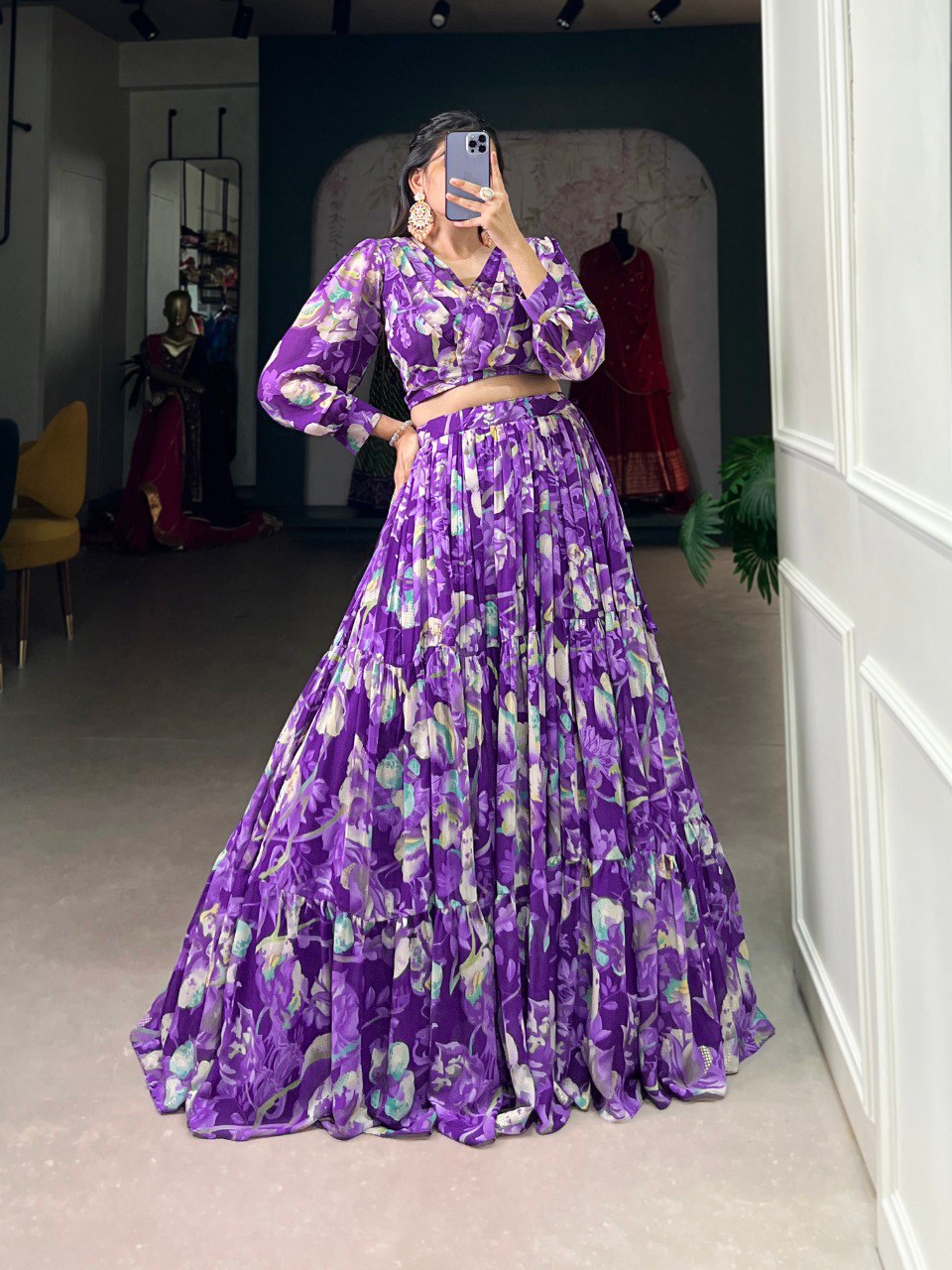 Purple Floral Elegance Georgette Chex Co-ord Set – Effortless Grace & Style