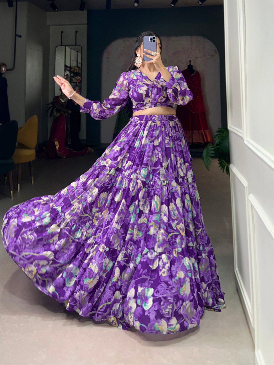 Purple Floral Elegance Georgette Chex Co-ord Set – Effortless Grace & Style