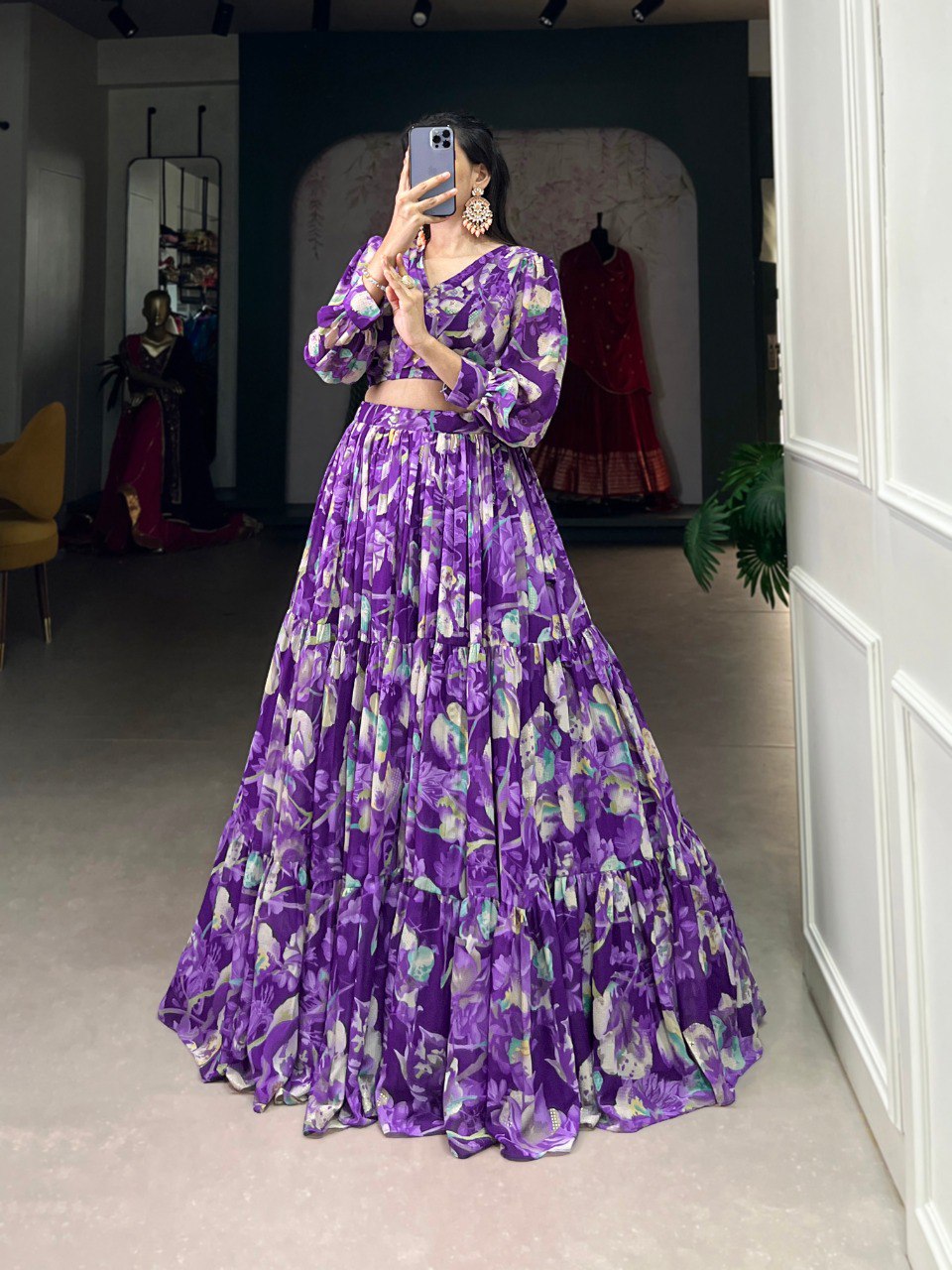 Purple Floral Elegance Georgette Chex Co-ord Set – Effortless Grace & Style