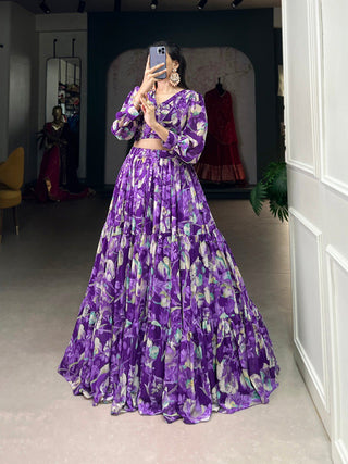 Purple Floral Elegance Georgette Chex Co-ord Set – Effortless Grace & Style