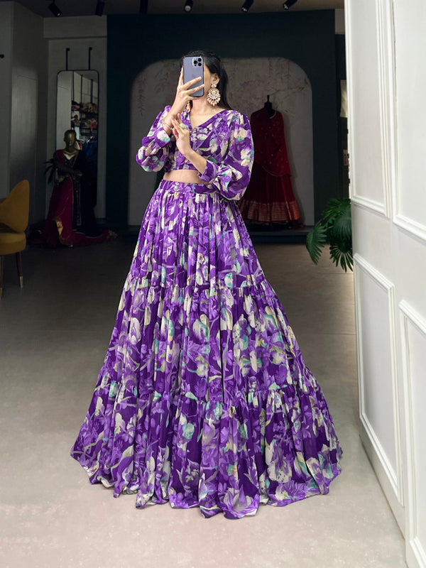 Purple Floral Elegance Georgette Chex Co-ord Set – Effortless Grace & Style