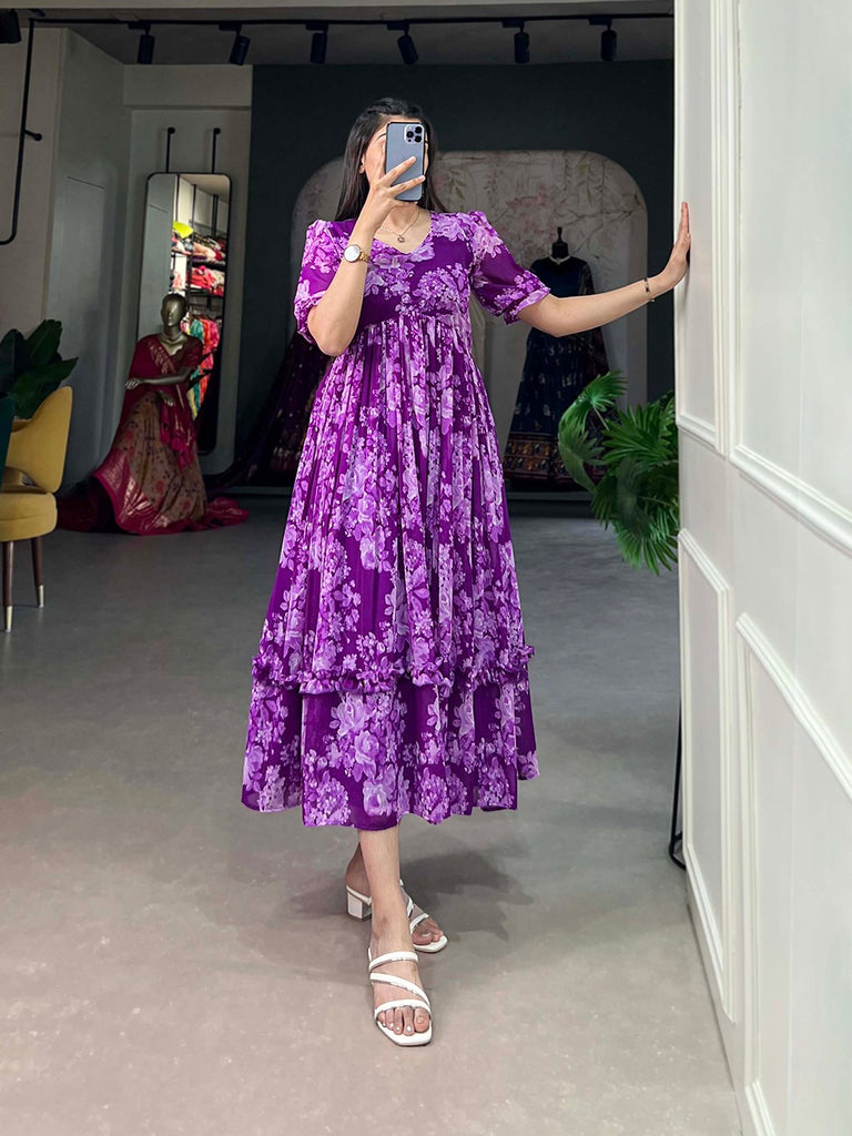 Purple Floral Georgette Frock for Effortless Summer Style ClothsVilla