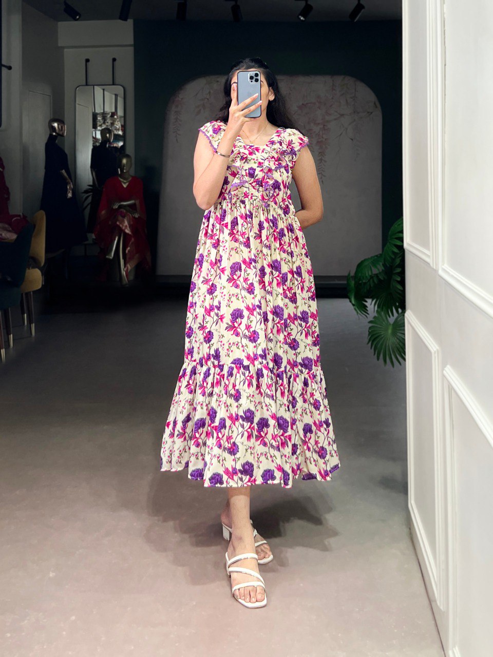 Purple Floral Print Maslin Silk Stitched Frock with 4-Meter Flair & Micro Crepe Lining ClothsVilla