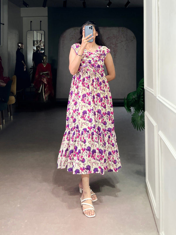 Purple Floral Print Maslin Silk Stitched Frock with 4-Meter Flair & Micro Crepe Lining ClothsVilla