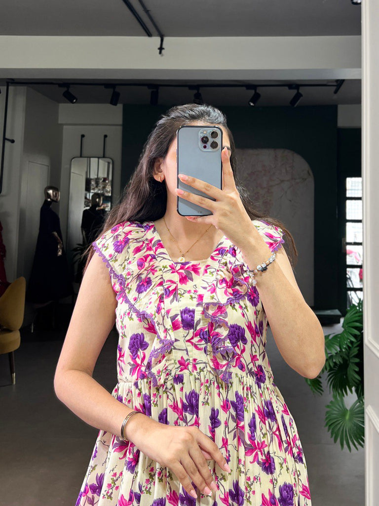 Purple Floral Print Maslin Silk Stitched Frock with 4-Meter Flair & Micro Crepe Lining ClothsVilla