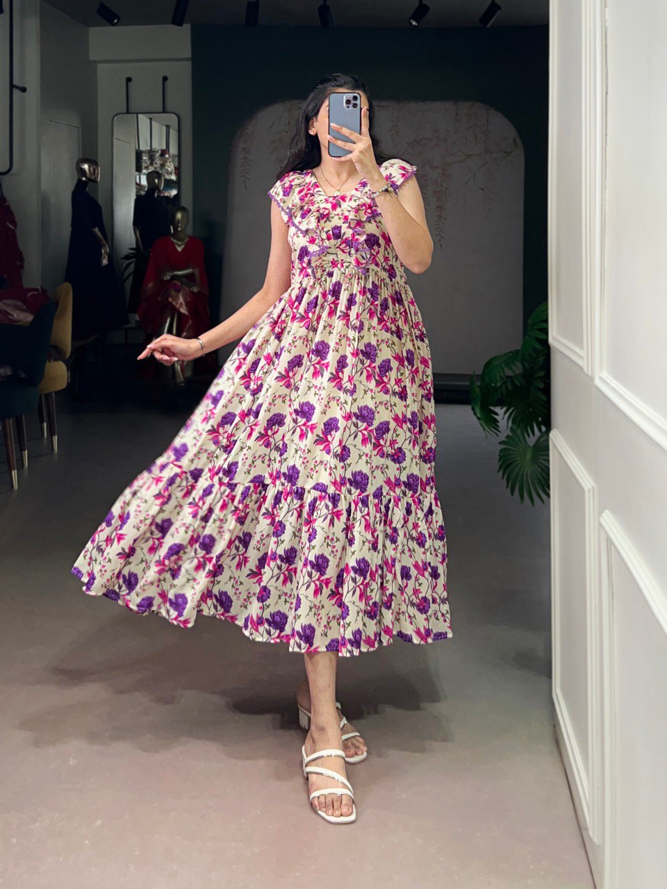 Purple Floral Print Maslin Silk Stitched Frock with 4-Meter Flair & Micro Crepe Lining ClothsVilla Main image
