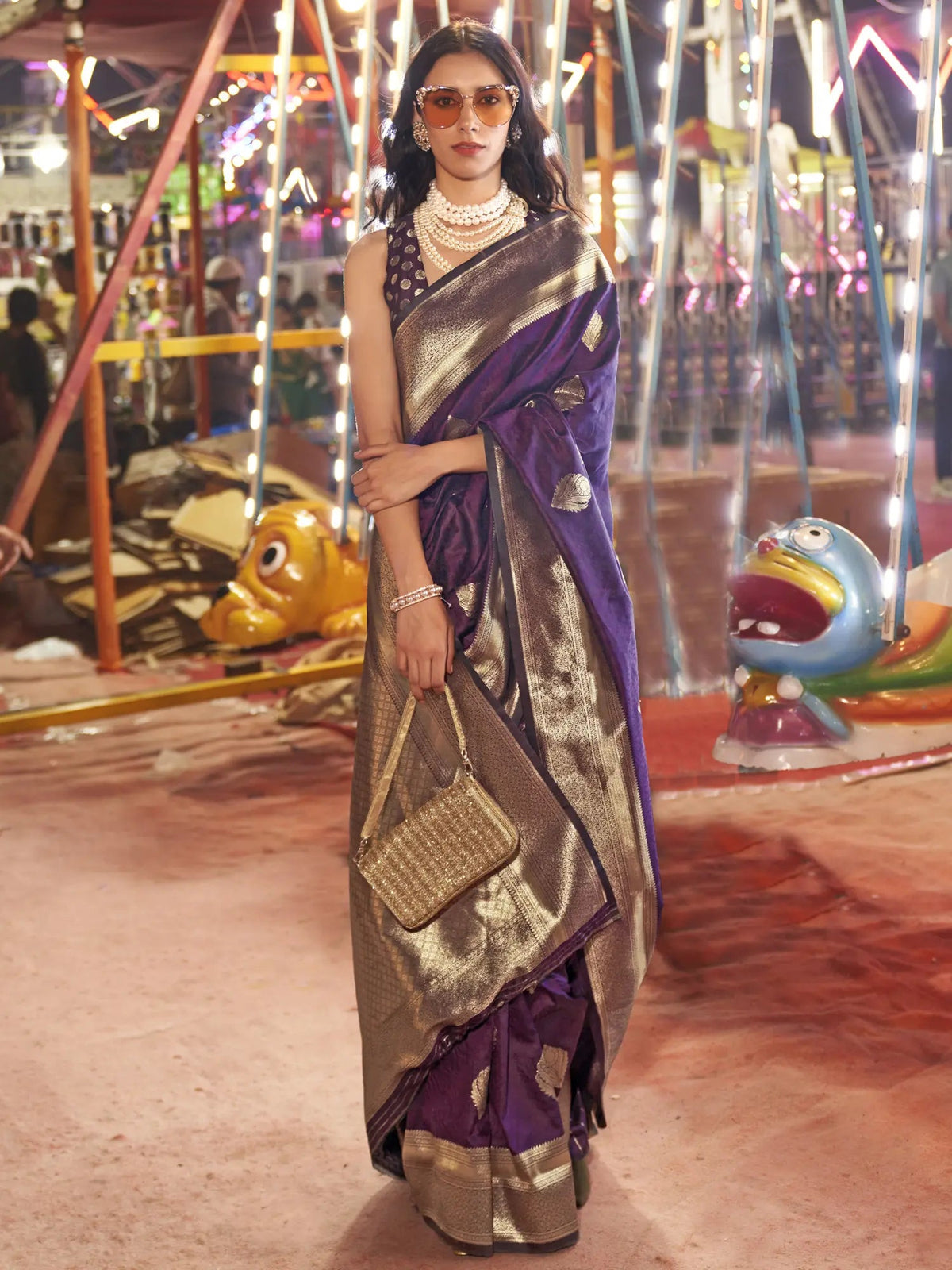 Purple Floral Printed Banarasi Silk Saree with Zari Woven Pallu ClothsVilla Main image