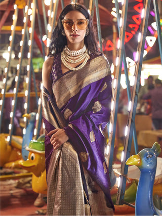 Purple Floral Printed Banarasi Silk Saree with Zari Woven Pallu ClothsVilla