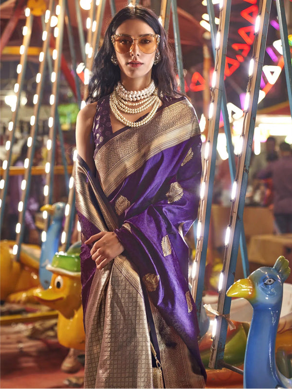 Purple Floral Printed Banarasi Silk Saree with Zari Woven Pallu ClothsVilla