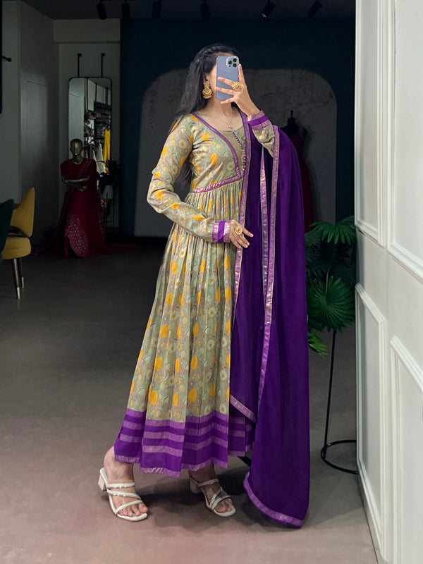 Purple Floral Printed Dress with Dupatta ClothsVilla
