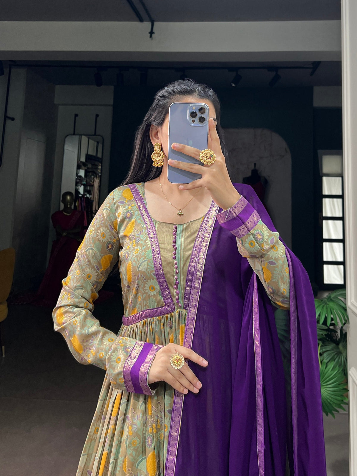 Purple Floral Printed Dress with Dupatta ClothsVilla