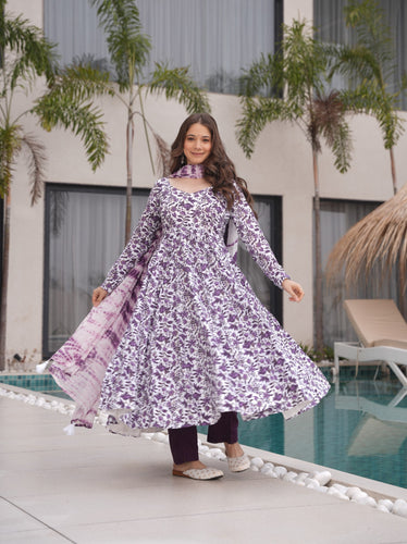 Purple Floral Printed Pure Cotton Suit Set with Faux Georgette Dupatta & Tassel Detailing ClothsVilla