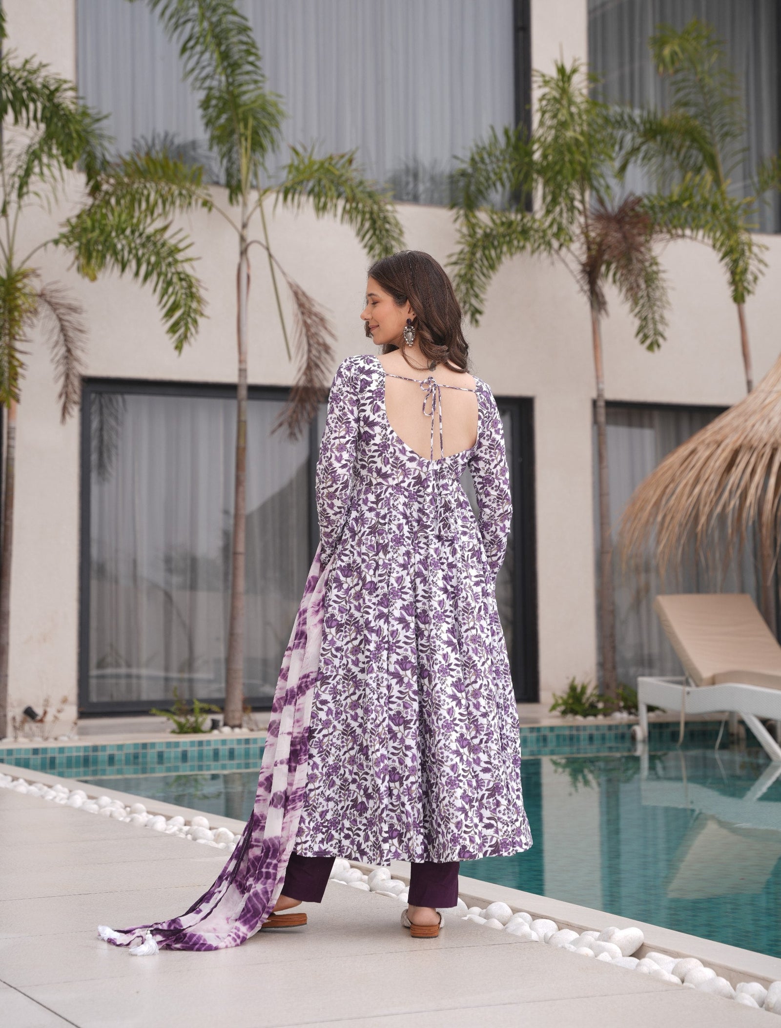 Purple Floral Printed Pure Cotton Suit Set with Faux Georgette Dupatta & Tassel Detailing ClothsVilla