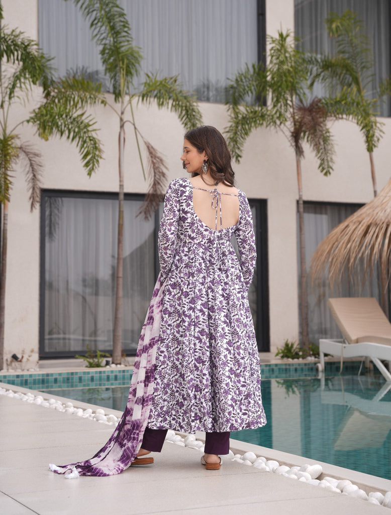 Purple Floral Printed Pure Cotton Suit Set with Faux Georgette Dupatta & Tassel Detailing ClothsVilla