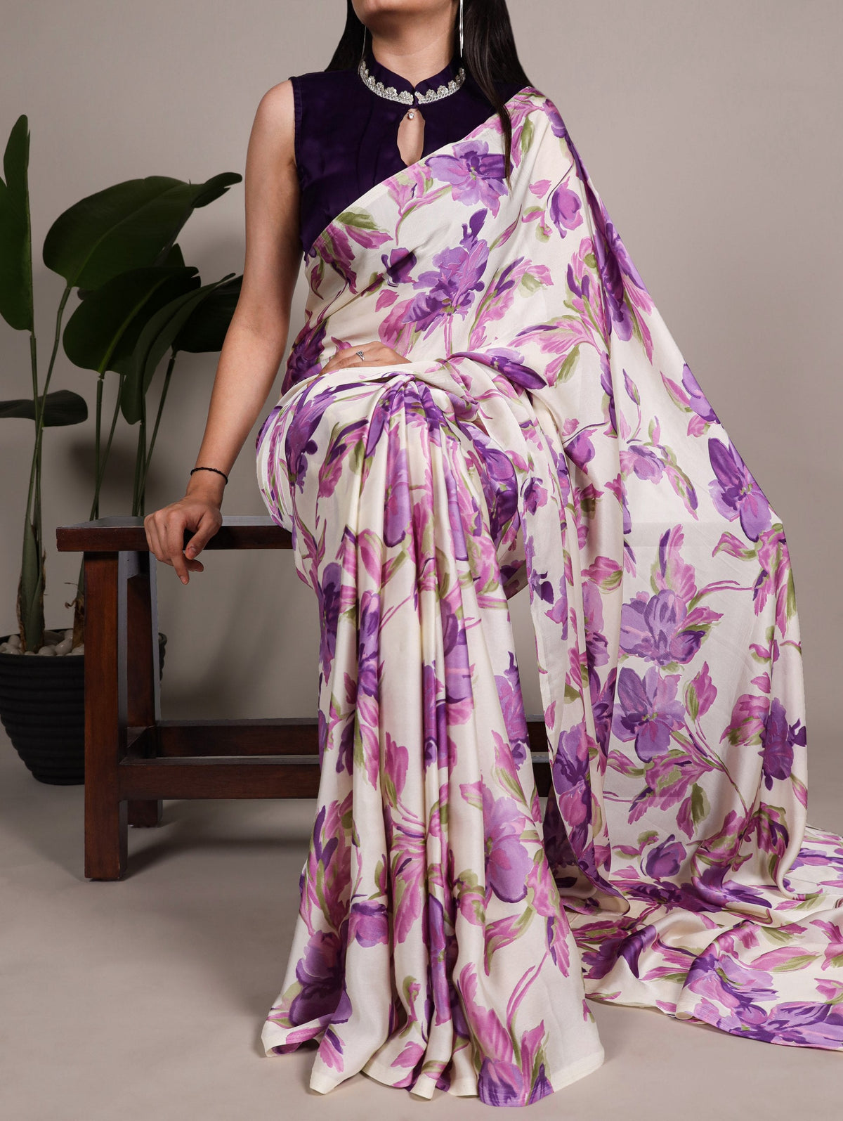 Purple Floral Printed Satin Silk Saree with Fully Stitched Adjustable Natural Silk Blouse & Lace Detailing – Party & Festive Wear ClothsVilla Main image