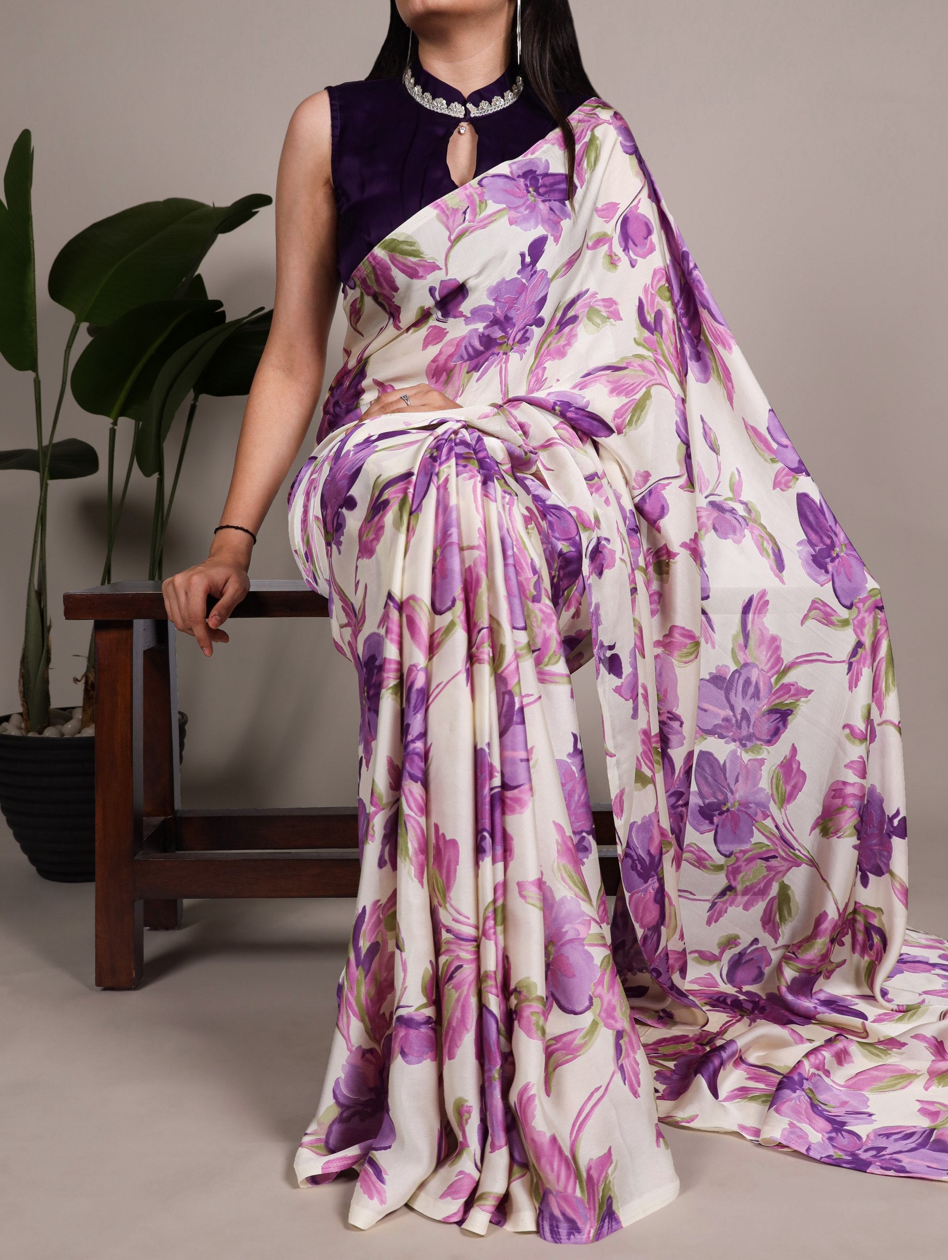 Purple Floral Printed Satin Silk Saree with Fully Stitched Adjustable Natural Silk Blouse & Lace Detailing – Party & Festive Wear ClothsVilla Main image