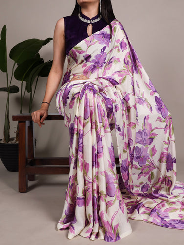 Purple Floral Printed Satin Silk Saree with Fully Stitched Adjustable Natural Silk Blouse & Lace Detailing – Party & Festive Wear ClothsVilla