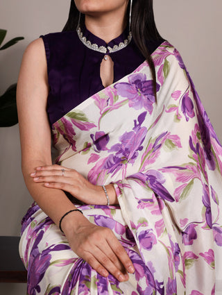 Purple Floral Printed Satin Silk Saree with Fully Stitched Adjustable Natural Silk Blouse & Lace Detailing – Party & Festive Wear ClothsVilla