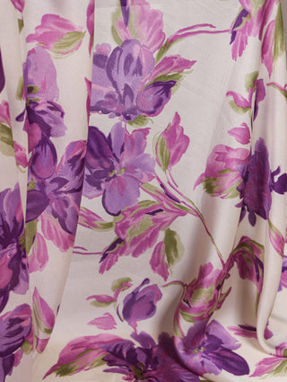 Purple Floral Printed Satin Silk Saree with Fully Stitched Adjustable Natural Silk Blouse & Lace Detailing – Party & Festive Wear ClothsVilla