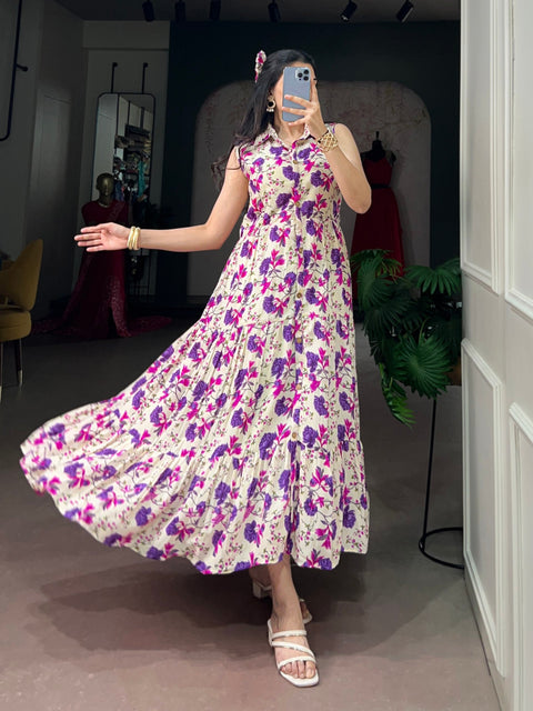 Purple Floral Printed Silk Gown ClothsVilla Main image