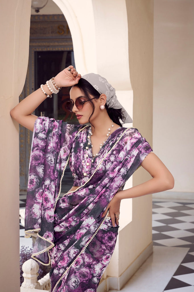 Purple Floral Printed Weightless Marble Saree with Pearl Lace Border Clothsvilla
