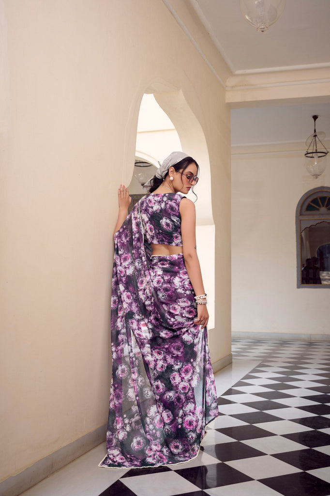 Purple Floral Printed Weightless Marble Saree with Pearl Lace Border Clothsvilla