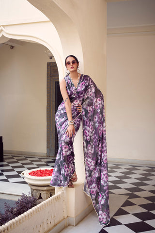 Purple Floral Printed Weightless Marble Saree with Pearl Lace Border Clothsvilla