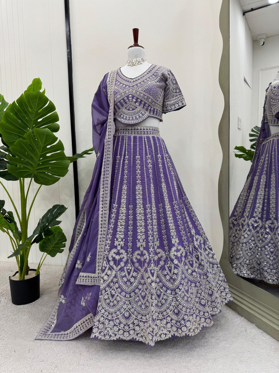 Purple Fox Georgette Semi-Stitched Lehenga Set with Coding Dori & Sequin Work ClothsVilla