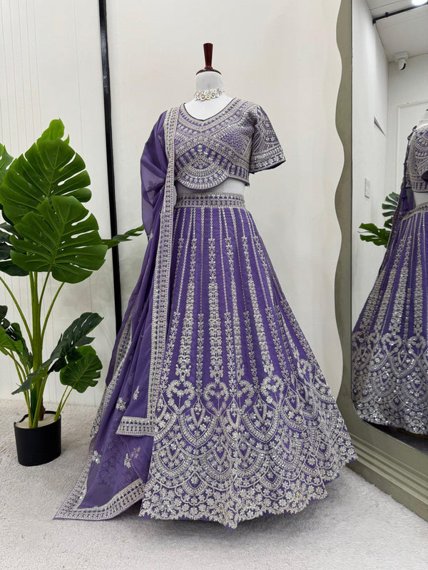 Purple Fox Georgette Semi-Stitched Lehenga Set with Coding Dori & Sequin Work ClothsVilla