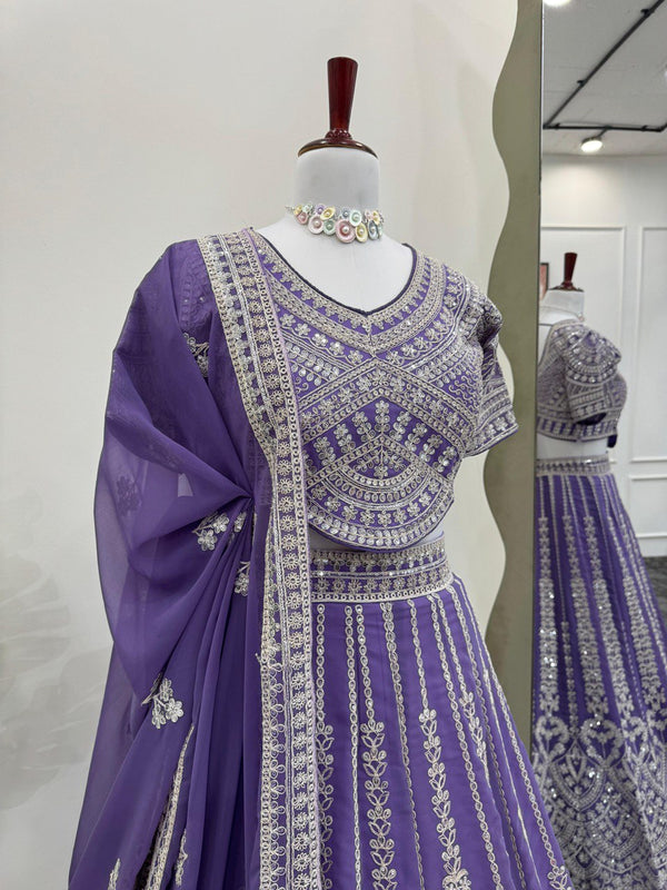 Purple Fox Georgette Semi-Stitched Lehenga Set with Coding Dori & Sequin Work ClothsVilla