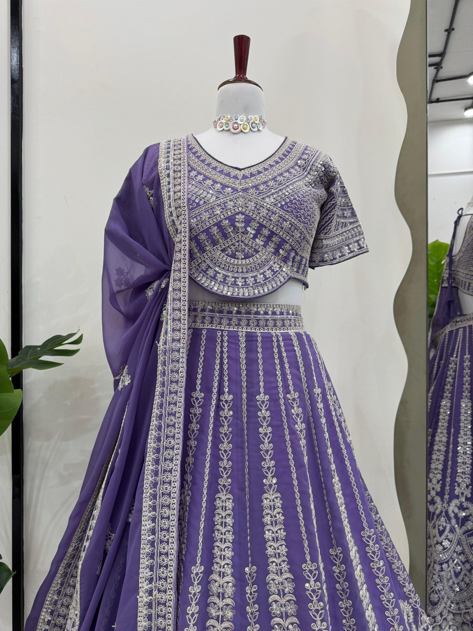 Purple Fox Georgette Semi-Stitched Lehenga Set with Coding Dori & Sequin Work ClothsVilla