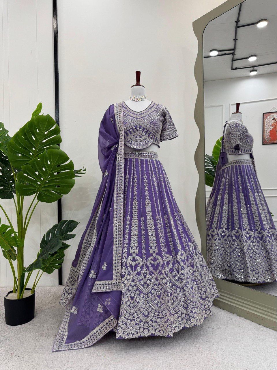 Purple Fox Georgette Semi-Stitched Lehenga Set with Coding Dori & Sequin Work ClothsVilla