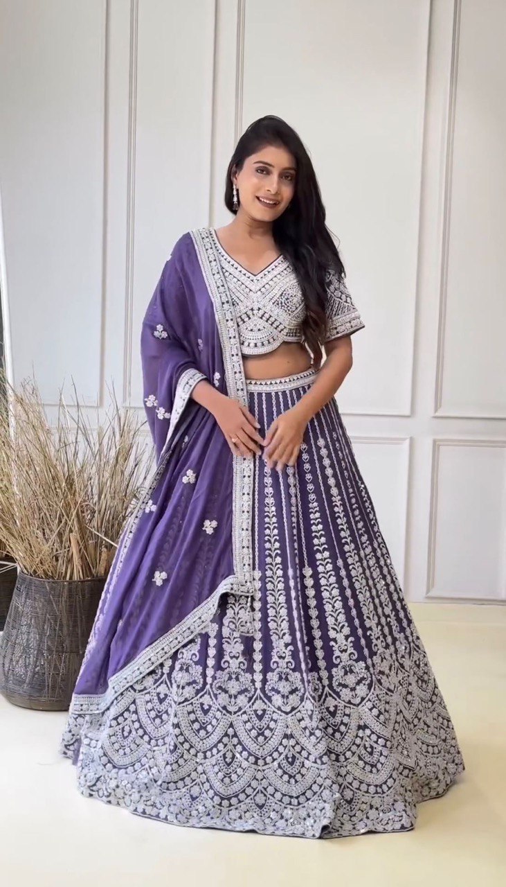 Purple Fox Georgette Semi-Stitched Lehenga Set with Coding Dori & Sequin Work ClothsVilla