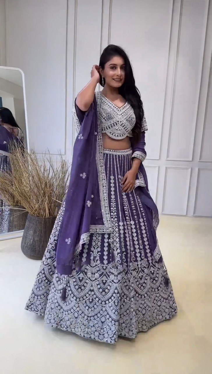 Purple Fox Georgette Semi-Stitched Lehenga Set with Coding Dori & Sequin Work ClothsVilla