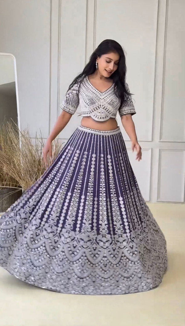 Purple Fox Georgette Semi-Stitched Lehenga Set with Coding Dori & Sequin Work ClothsVilla