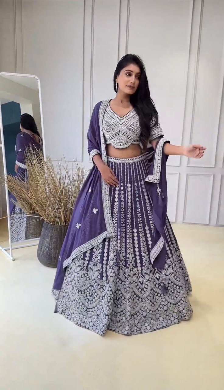 Purple Fox Georgette Semi-Stitched Lehenga Set with Coding Dori & Sequin Work ClothsVilla Main image