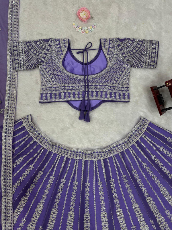 Purple Fox Georgette Semi-Stitched Lehenga Set with Coding Dori & Sequin Work ClothsVilla
